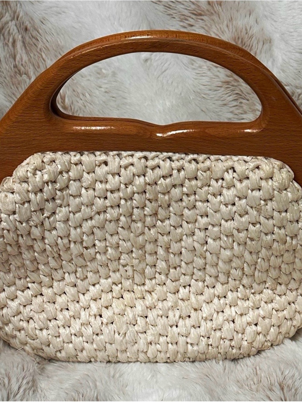 Woven Straw Tote with Wooden Top Handle - Cream